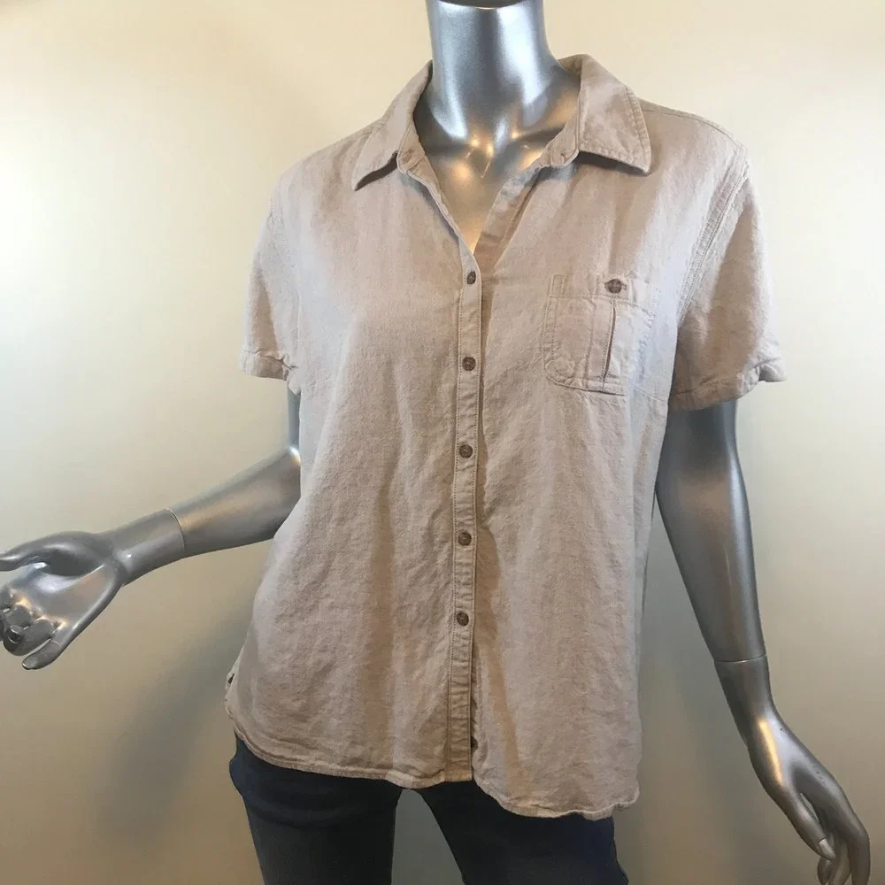 Sag Harbor Women's Large Beige Button Pocket Front Shirt Linen Blend Top - Picture 2 of 12